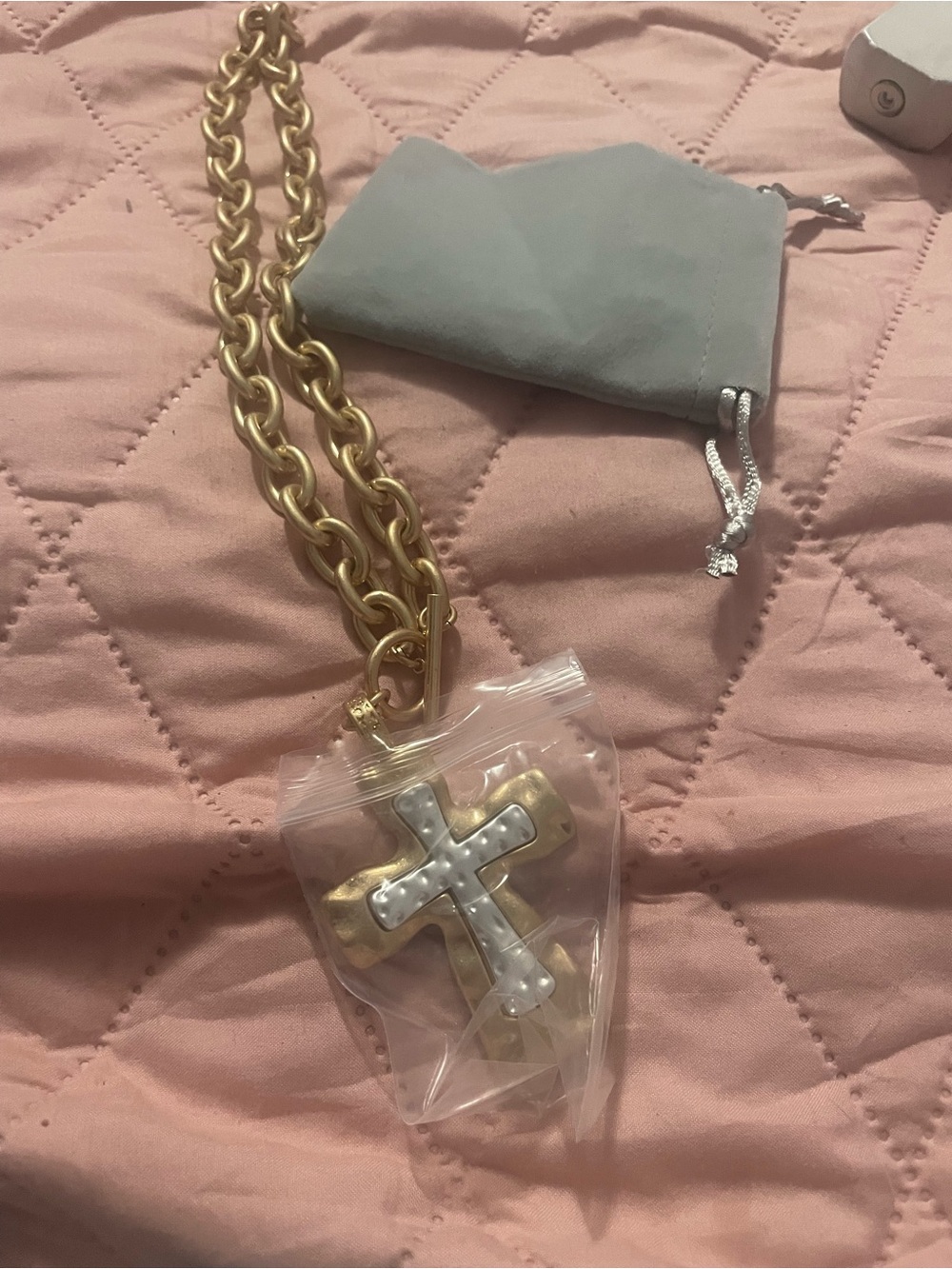 Gold Chain Cross Pendant Necklace - Two-Tone Gold & Silver